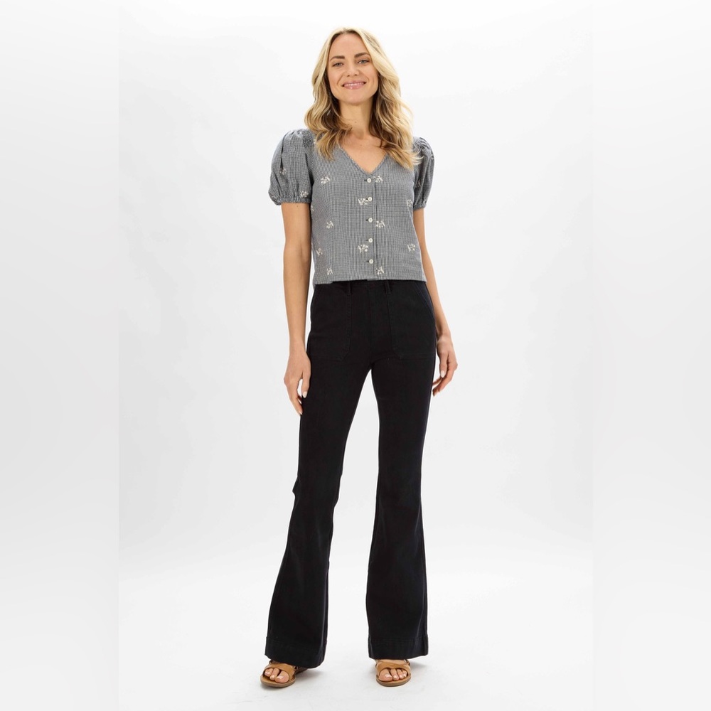 New! judy blue high rise elastic waist pull on trouser flare black JB88651 BK